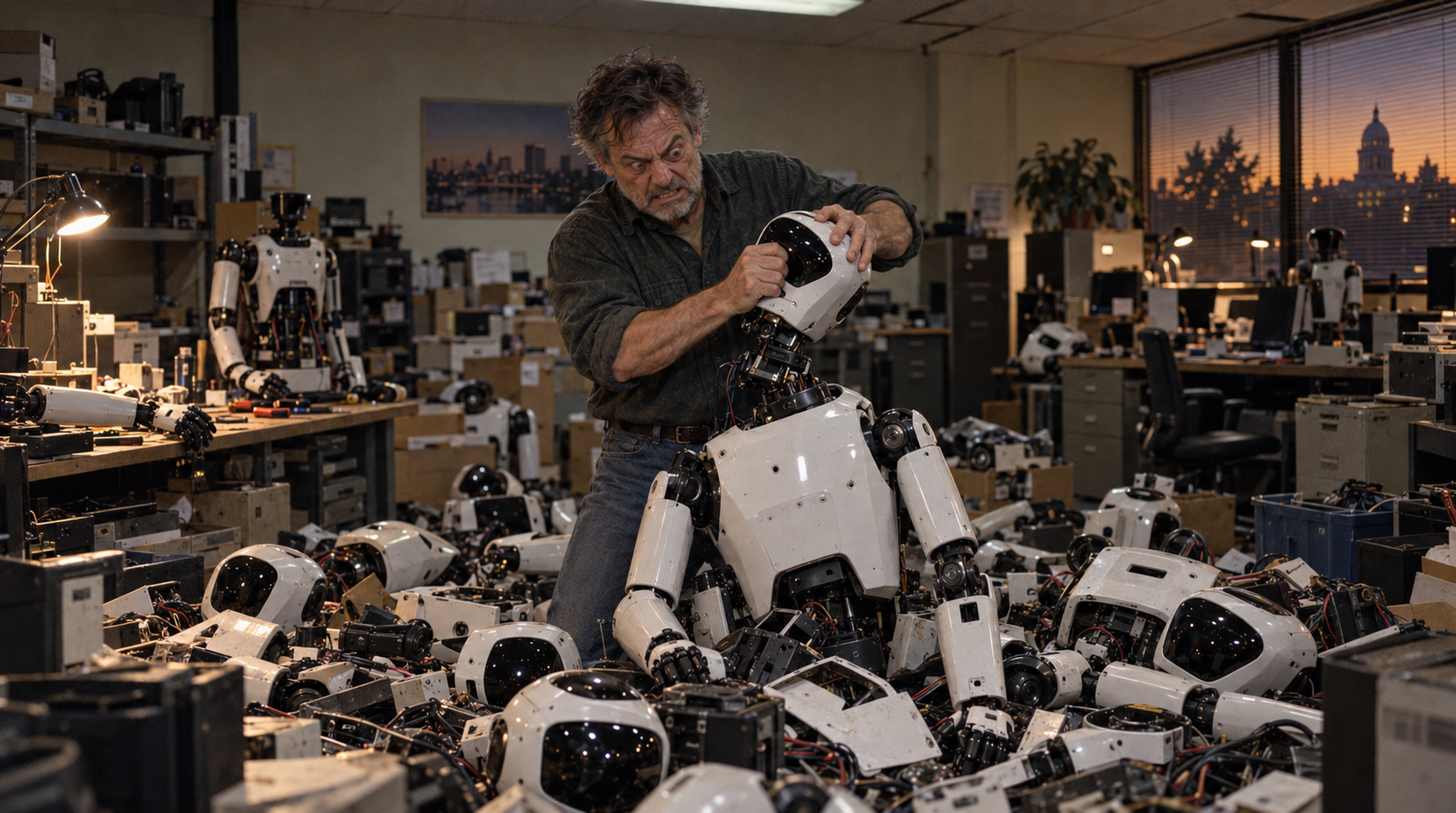 A weathered engineer stands waist-deep in a heap of dismantled humanoid robot bodies at dusk, wrenching a robot head loose with both hands as discarded chassis and wiring spill across the workshop floor.