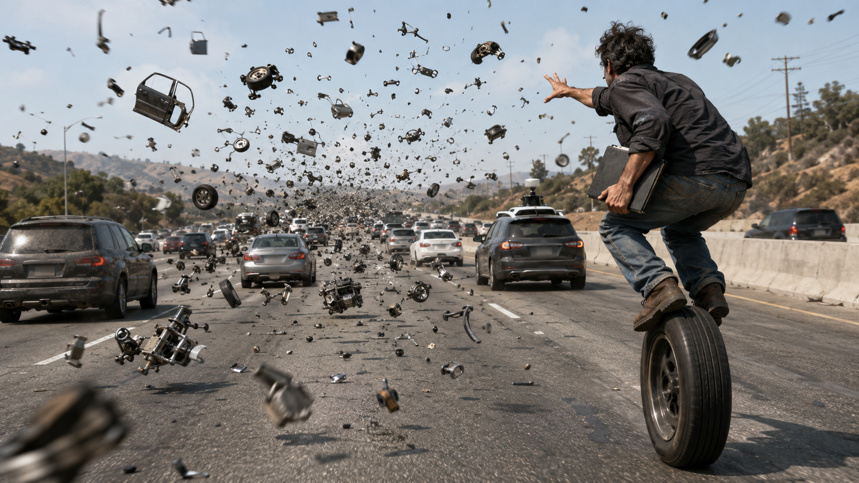 A man crouches atop a single rolling tire in the middle of a busy freeway, one arm outstretched toward car parts flying through the air ahead of him, a manual clamped under the other arm, while complete cars drive past him in every lane.