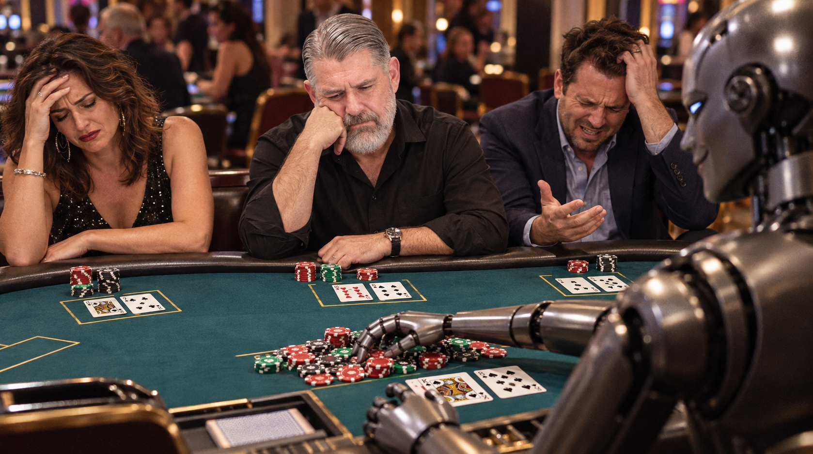Three frustrated players slump at a Las Vegas casino card table while a humanoid robot dealer sweeps the pile of chips toward itself.