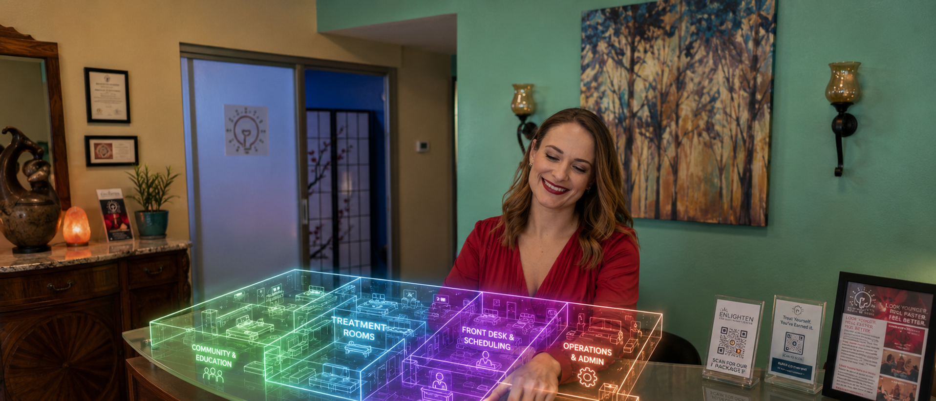 A Sacramento wellness studio owner reviewing a glowing blueprint of her business, with zones lit to show where AI fits and where work stays human.
